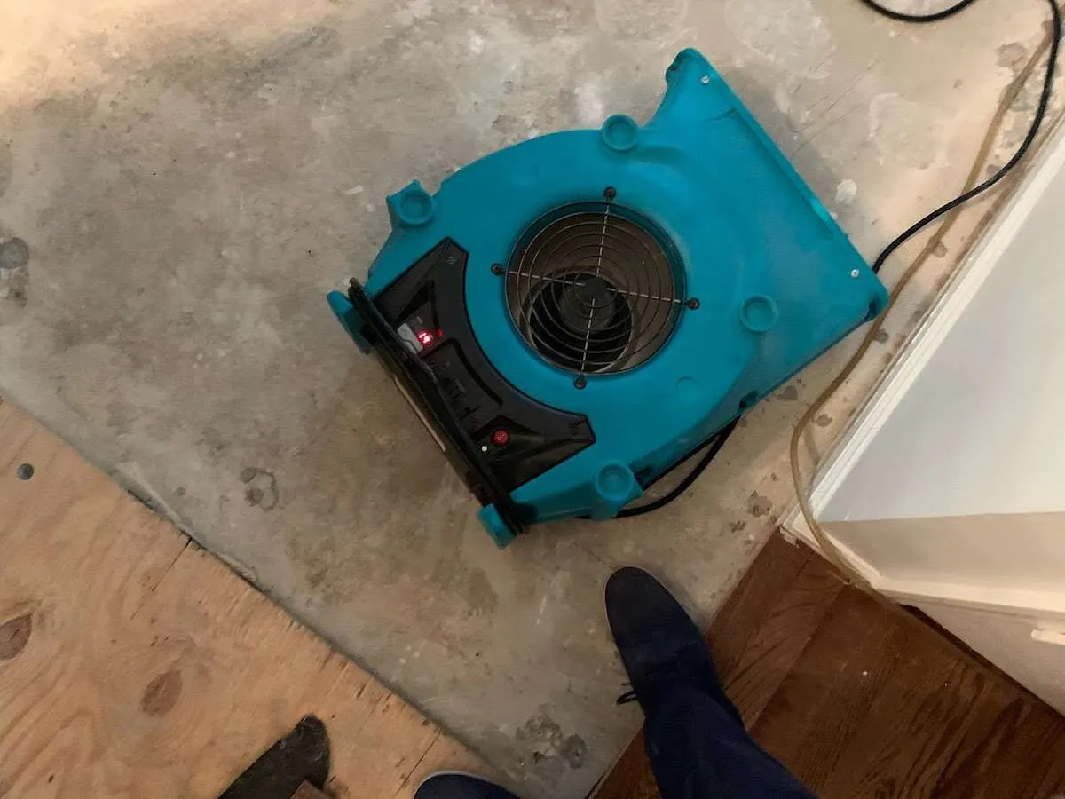 Air mover drying subfloor during Commercial Water Damage Restoration in Larkspur